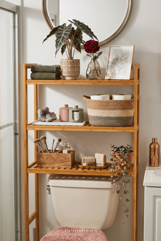 Cozy lavender bathroom featuring a bamboo over the toilet storage shelf with candles, flowers, plants, and organized bathroom essentials.