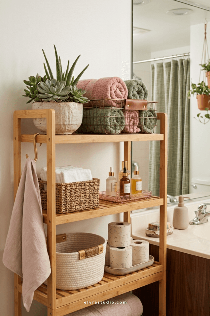 Natural bamboo over the toilet storage shelf styled with baskets, greenery, and decorative accessories in a small bathroom.