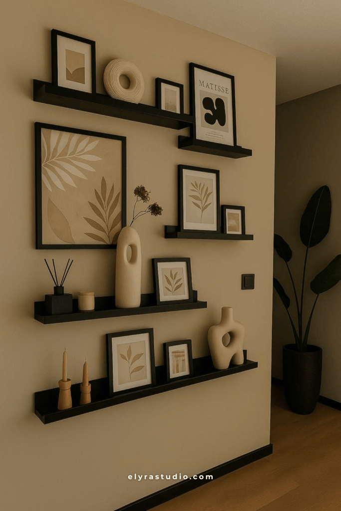 Modern hallway wall with black picture ledges, neutral framed art, candles, and minimalist home decor.
