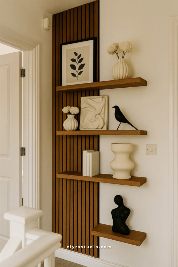 Hallway with wood slat accent wall, floating shelves, framed artwork, books, and warm modern decor.