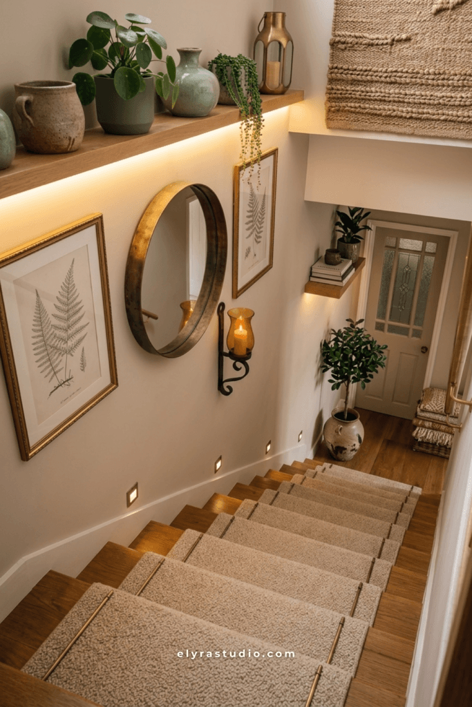 Cozy staircase gallery wall with botanical prints, round mirror, plants, floating shelf, and warm lighting.