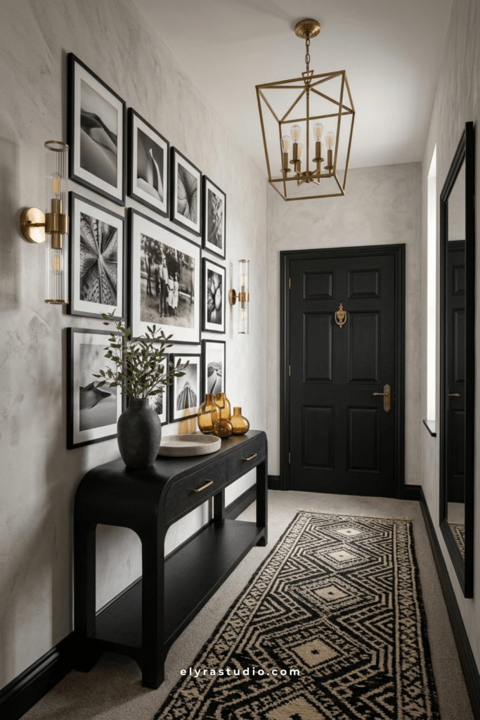 Elegant black and white hallway gallery wall with framed photography, gold sconces, and dark console table.