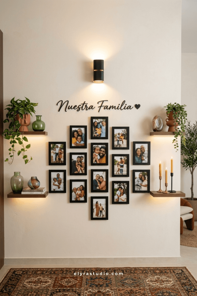Family photo wall with floating shelves, framed pictures, candles, greenery, and cozy hallway decor.
