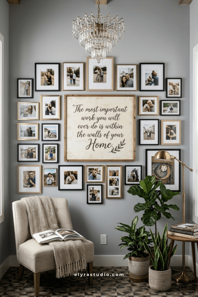 Large family gallery wall with black frames, personalized wall art, and modern hallway decorating ideas.