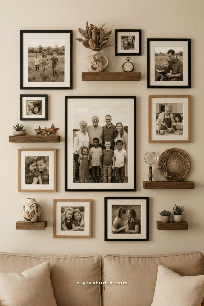 Cozy family gallery wall above a sofa with mixed frames, shelves, plants, and personalized home decor.