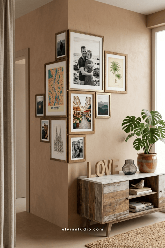 Corner gallery wall featuring travel photos, wood frames, maps, and warm hallway decorating ideas.