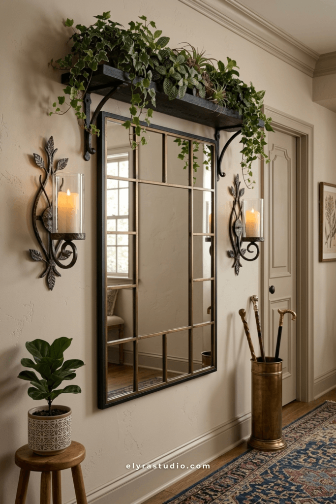 Hallway wall with large mirror, floating shelf, plants, and sconces creating a bright welcoming entryway.