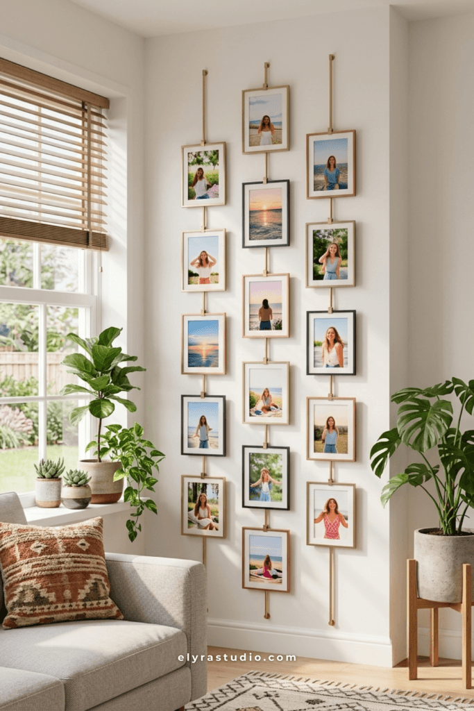Vertical hanging photo display with framed family pictures for a narrow hallway wall.