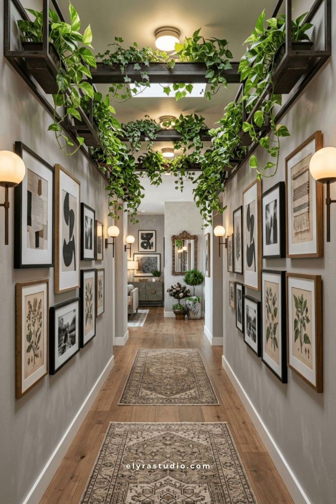 Long hallway decorated with framed artwork, hanging plants, and warm minimalist wall decor.