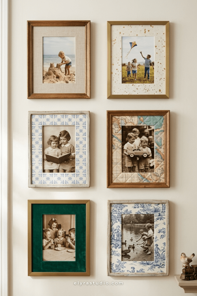 Vintage gallery wall with mixed picture frames, family photos, and timeless hallway decor inspiration.