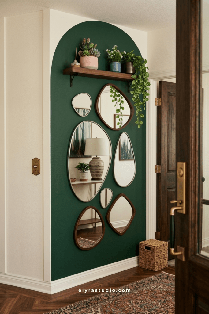 Green hallway wall decorated with mixed mirrors, floating shelf, plants, and stylish entryway decor.