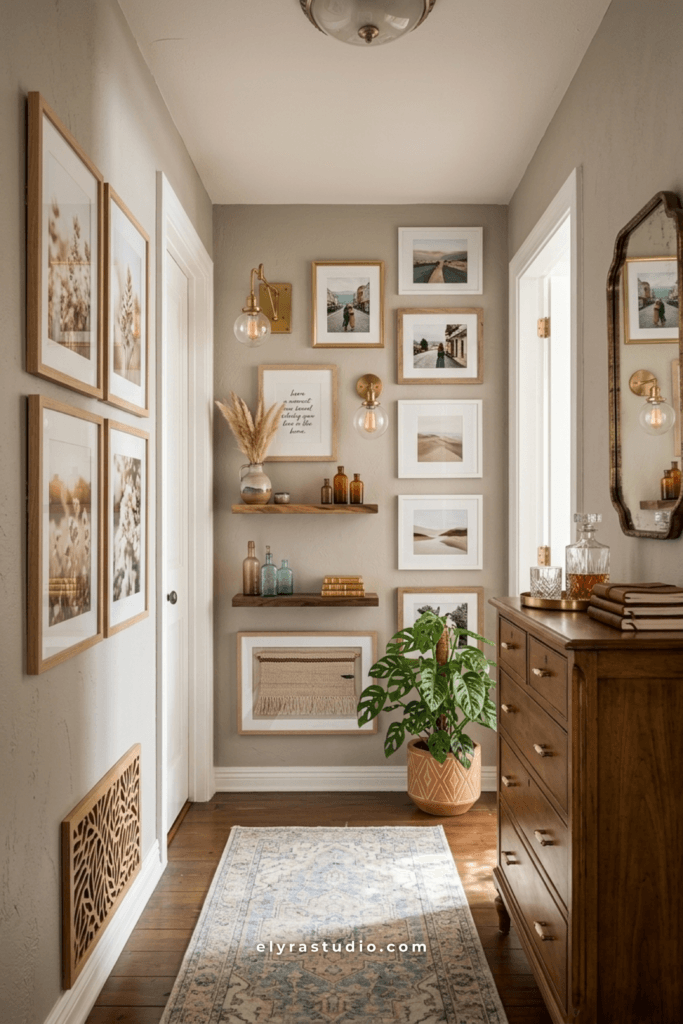 Hallway with layered gallery wall, floating shelves, framed art, greenery, and warm wood furniture.