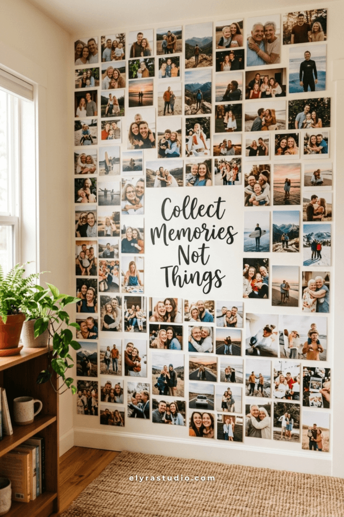 Memory wall filled with printed family photos, inspirational quote, and creative hallway decor ideas.