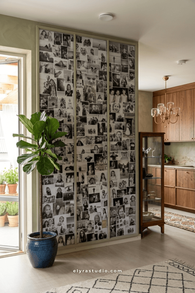 Floor-to-ceiling black and white family photo wall creating a dramatic modern hallway feature.