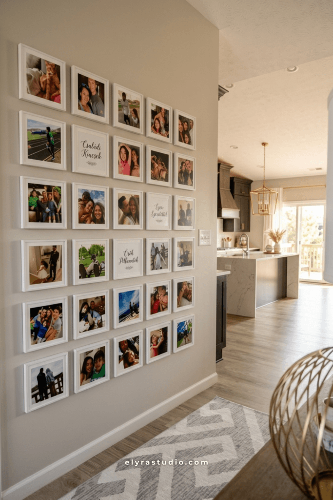 Clean white frame gallery wall with family photos arranged in a balanced modern hallway layout.