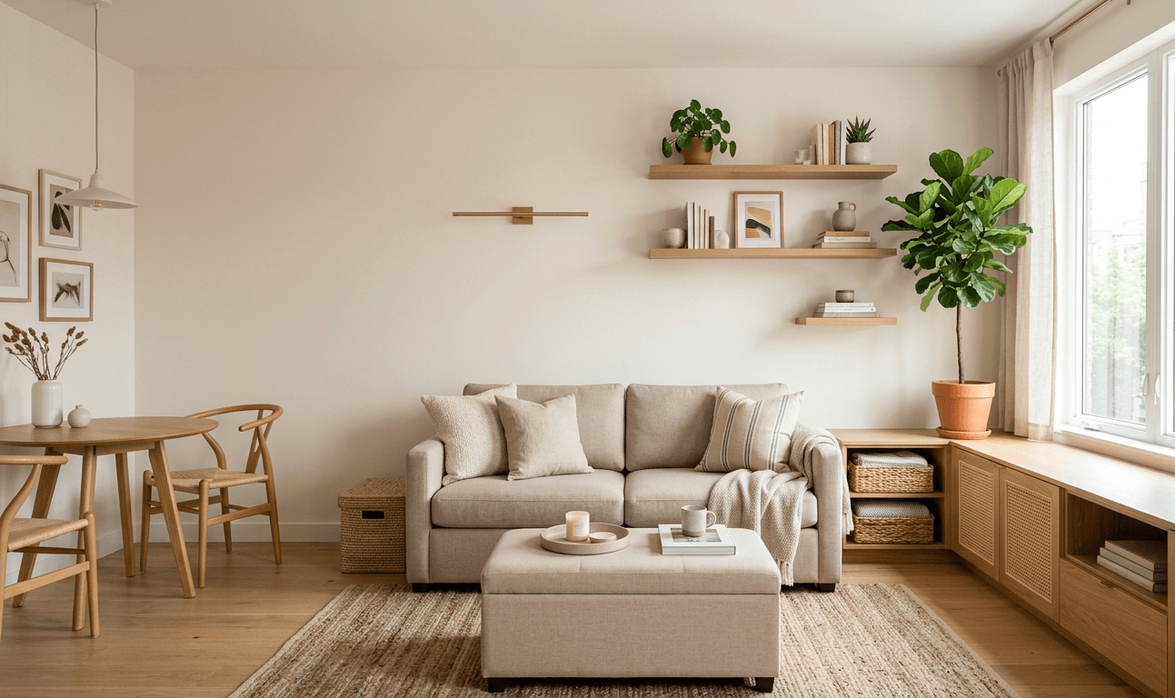 Small apartment with clever storage solutions including shelves, baskets and hidden storage furniture