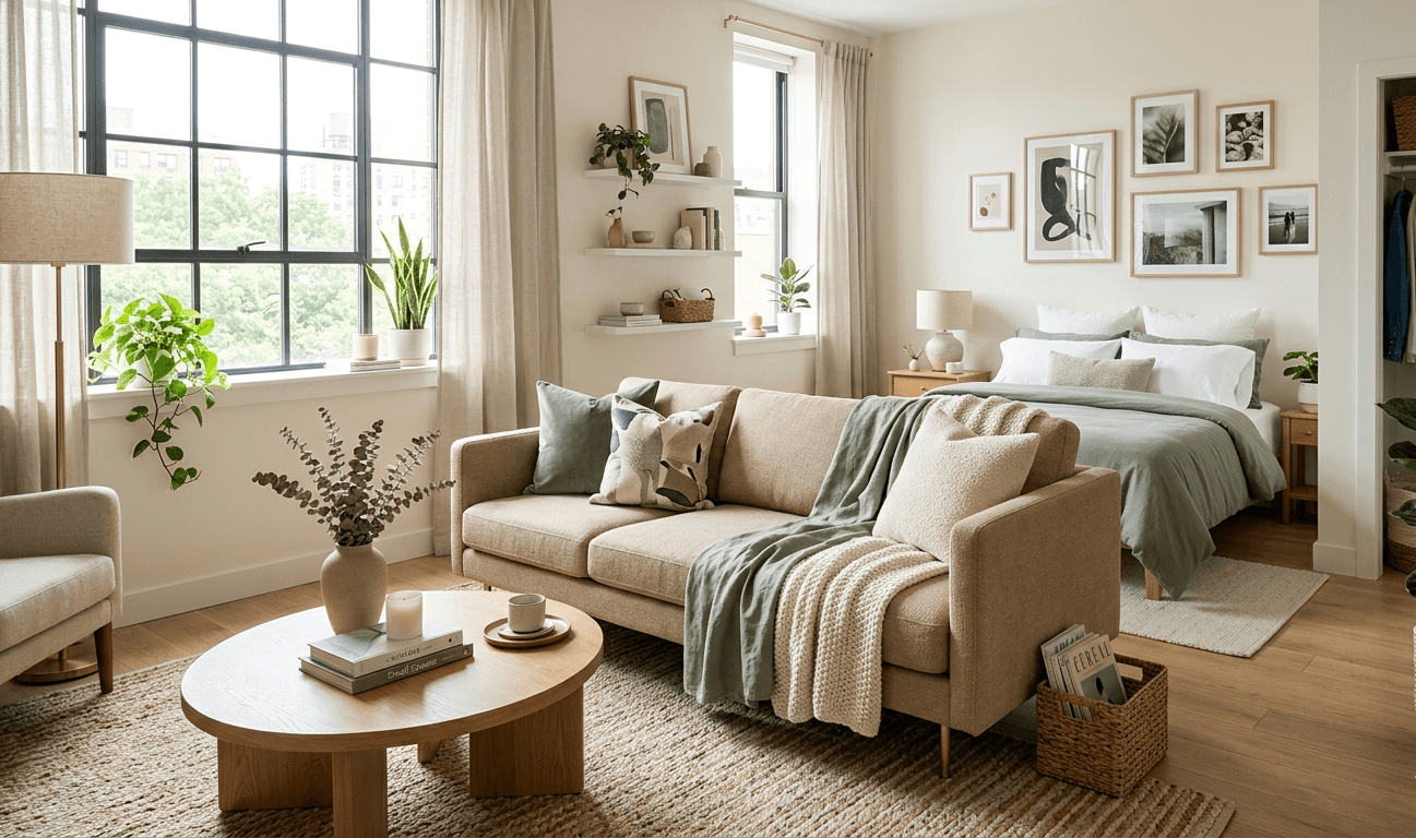 Studio apartment with a sofa used as a room divider between the living area and sleeping area.