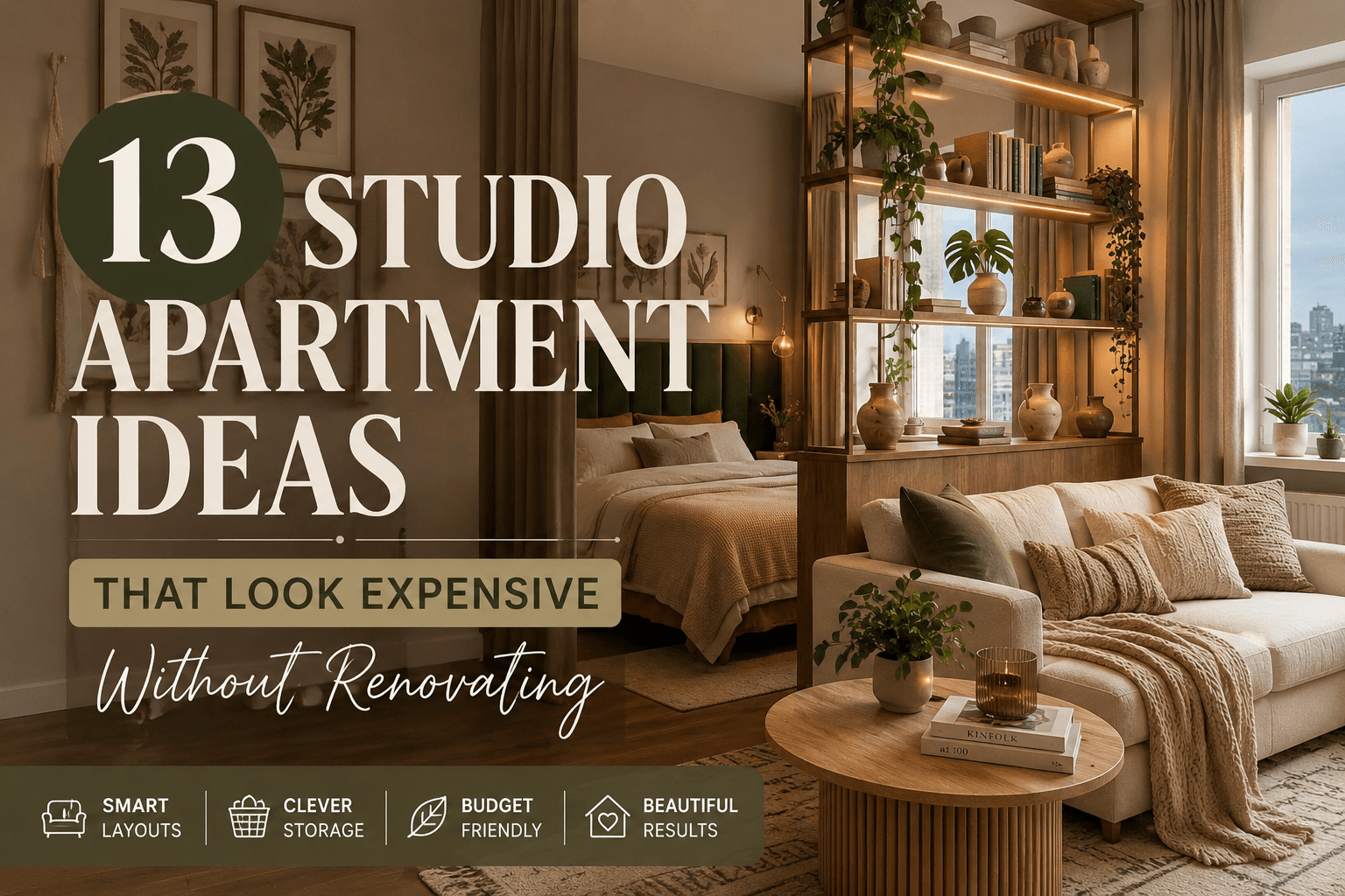 Studio apartment with open shelving room divider, cozy living area and bedroom layout that looks expensive without renovating
