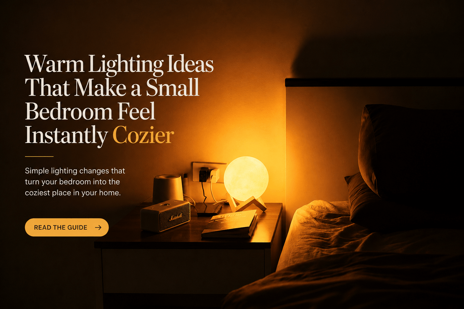 Warm amber bedroom lighting with glowing bedside lamp and dark cozy bedroom atmosphere at night