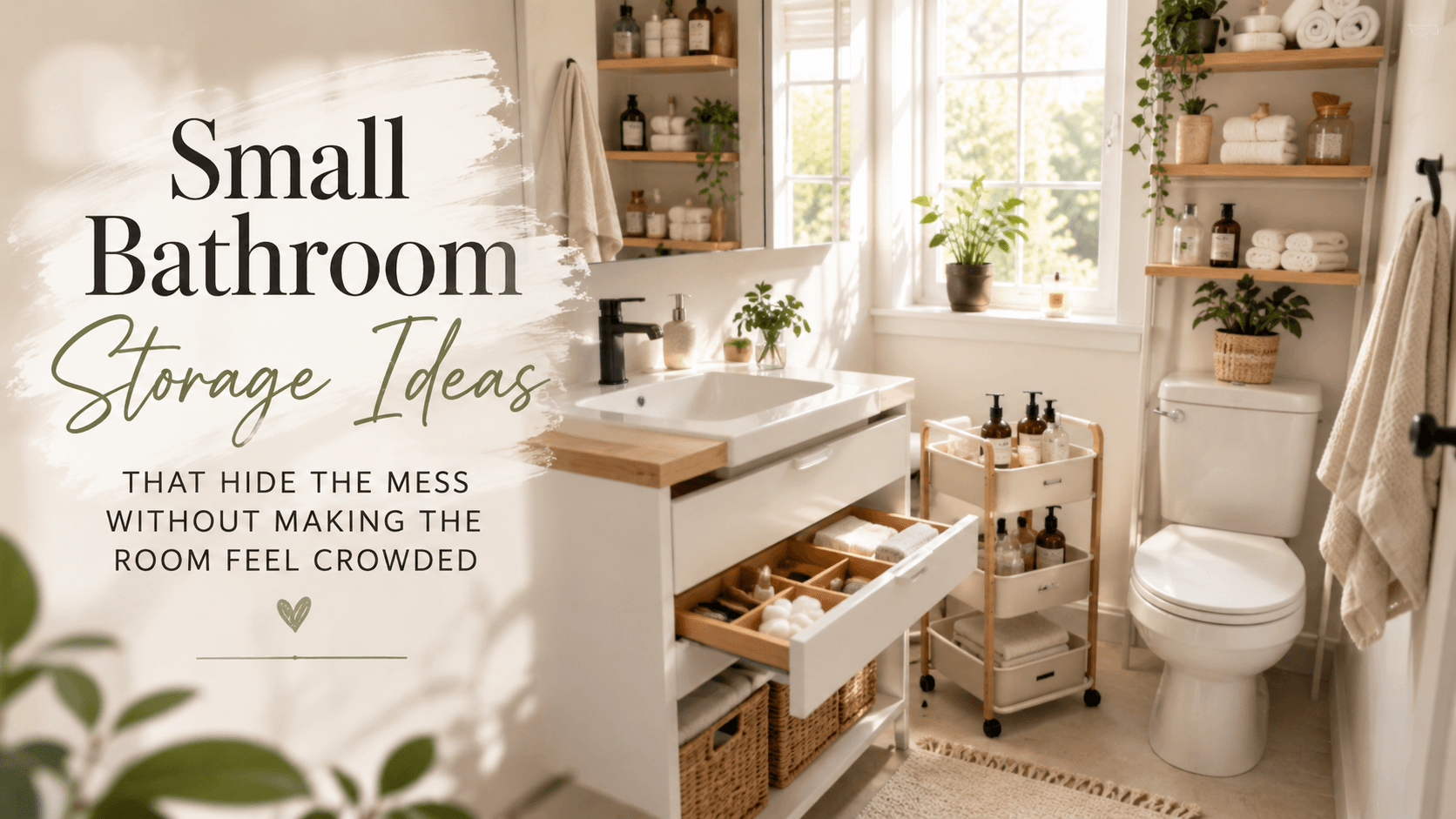 Small bathroom storage ideas with floating shelves, rolling cart organizer, woven baskets, soft neutral decor, and calm spa inspired bathroom styling