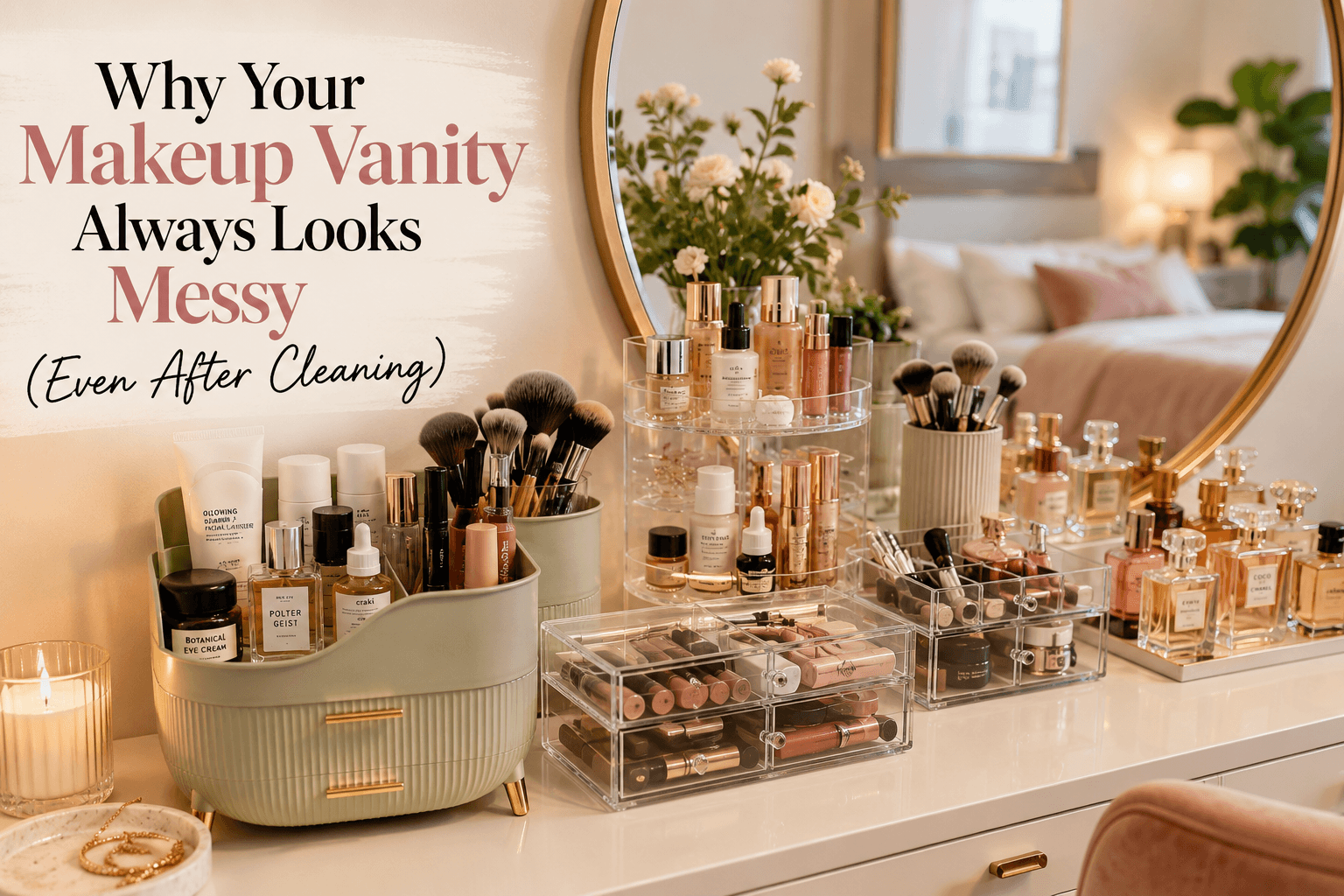 Modern makeup vanity organization setup with acrylic organizers, skincare storage, perfume trays, makeup drawers, and clean beauty counter styling in a cozy neutral bedroom