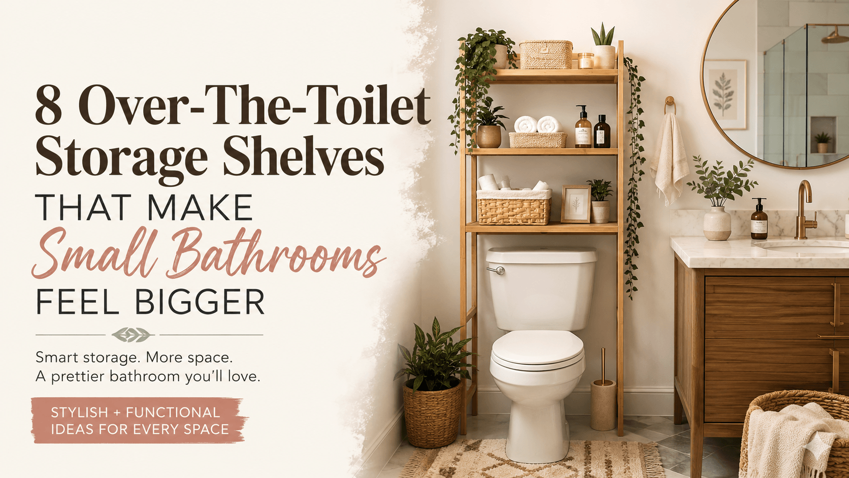 Modern over the toilet storage shelf in a small bathroom with warm wood shelving, woven baskets, plants, and neutral spa-inspired decor ideas.