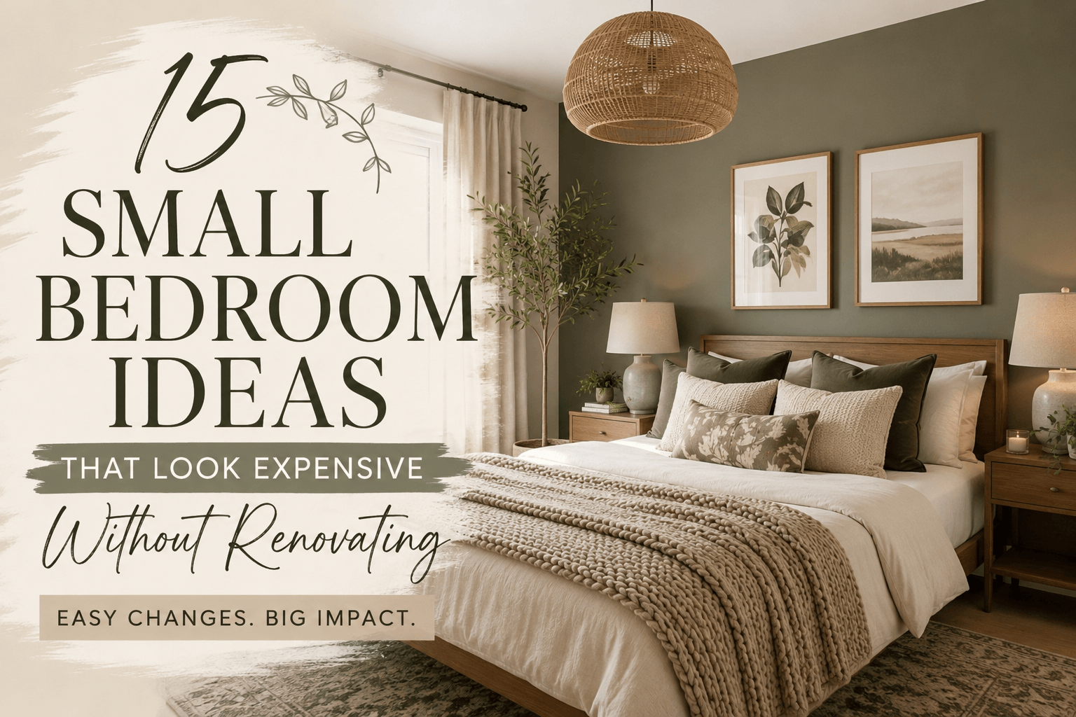 Small bedroom with green accent wall, woven pendant light, layered neutral bedding, wooden furniture, and elegant decor that creates an expensive look without renovating.