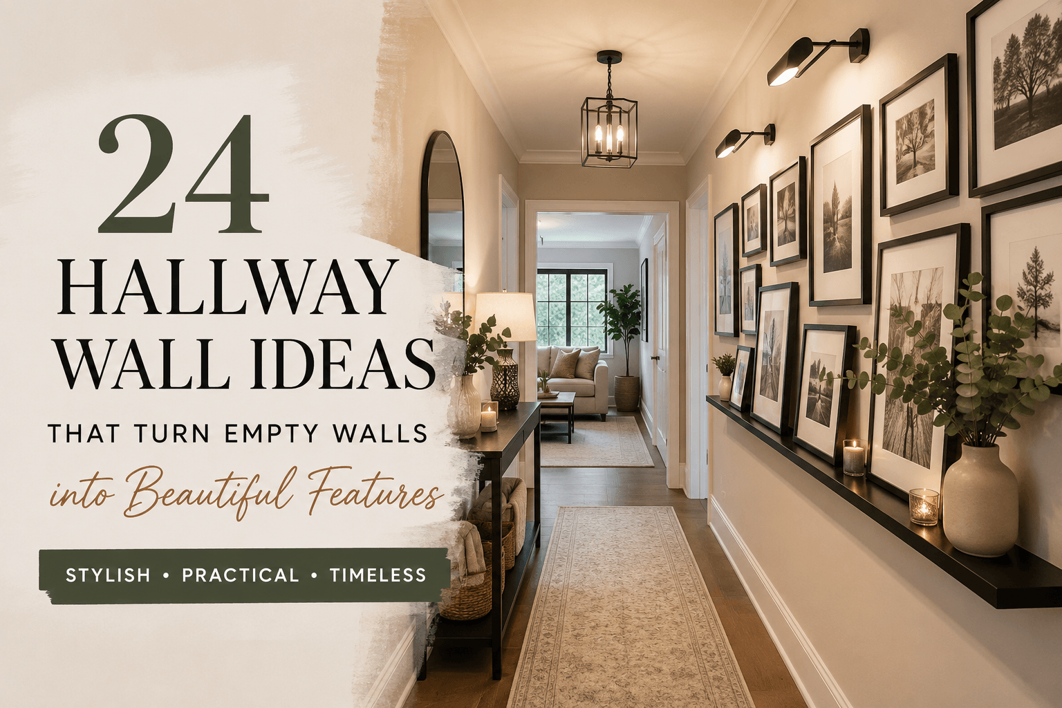 Modern hallway wall ideas with gallery wall, black picture ledges, framed artwork, mirror, warm lighting, and neutral decor for a stylish and welcoming entryway.