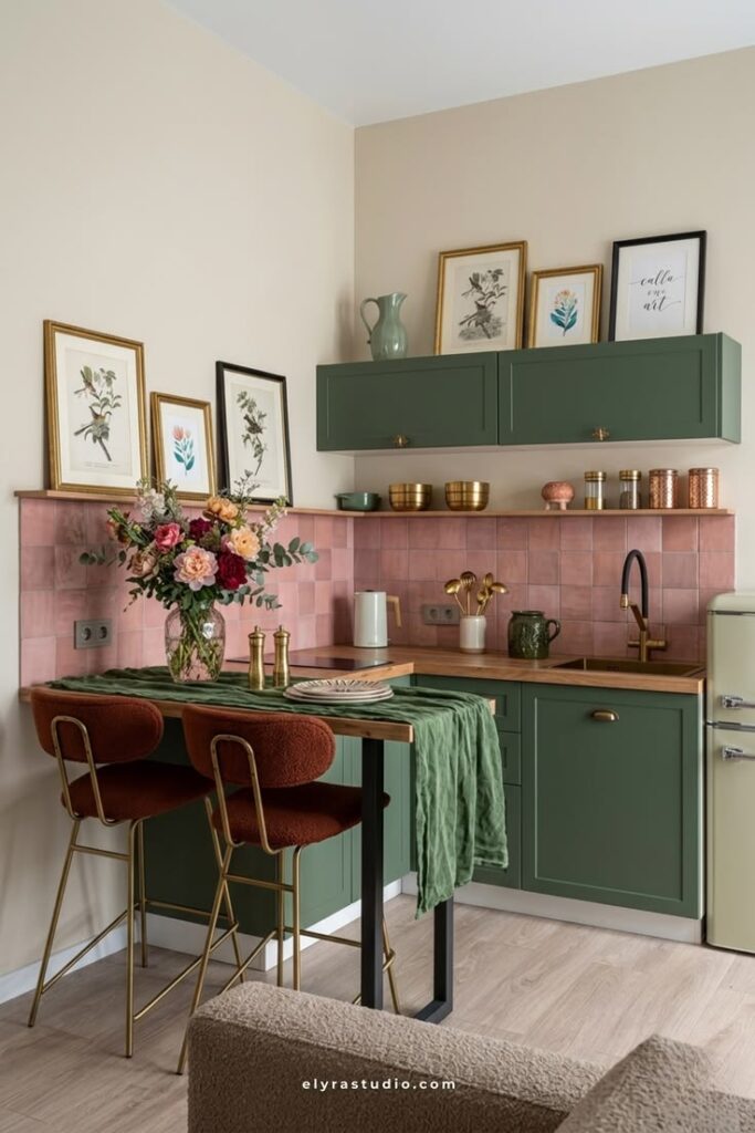 Compact kitchen with lightweight dining chairs, slim furniture, wood finishes, and bright modern apartment style.