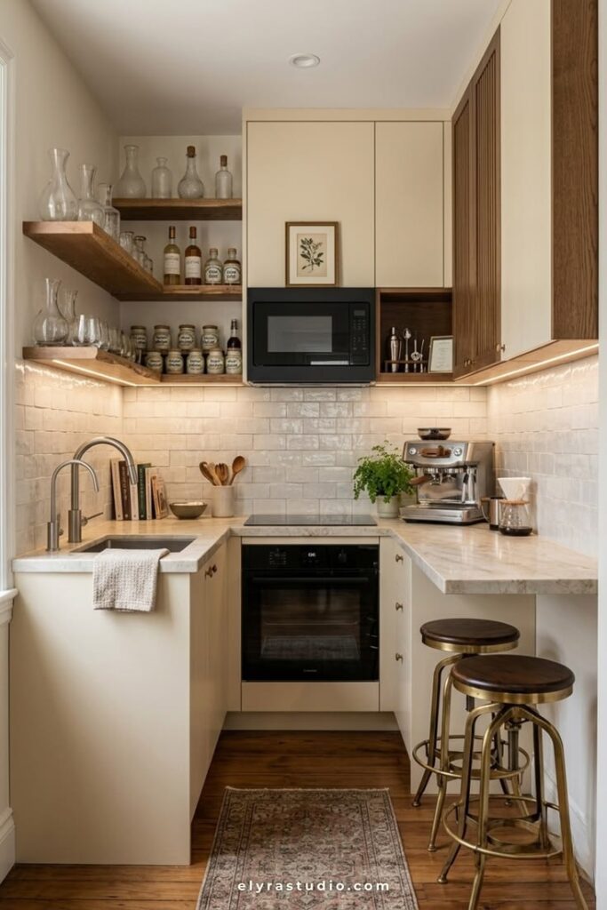 Small kitchen with personal decor, cookbooks, plants, ceramic mugs, and warm inviting apartment atmosphere.
