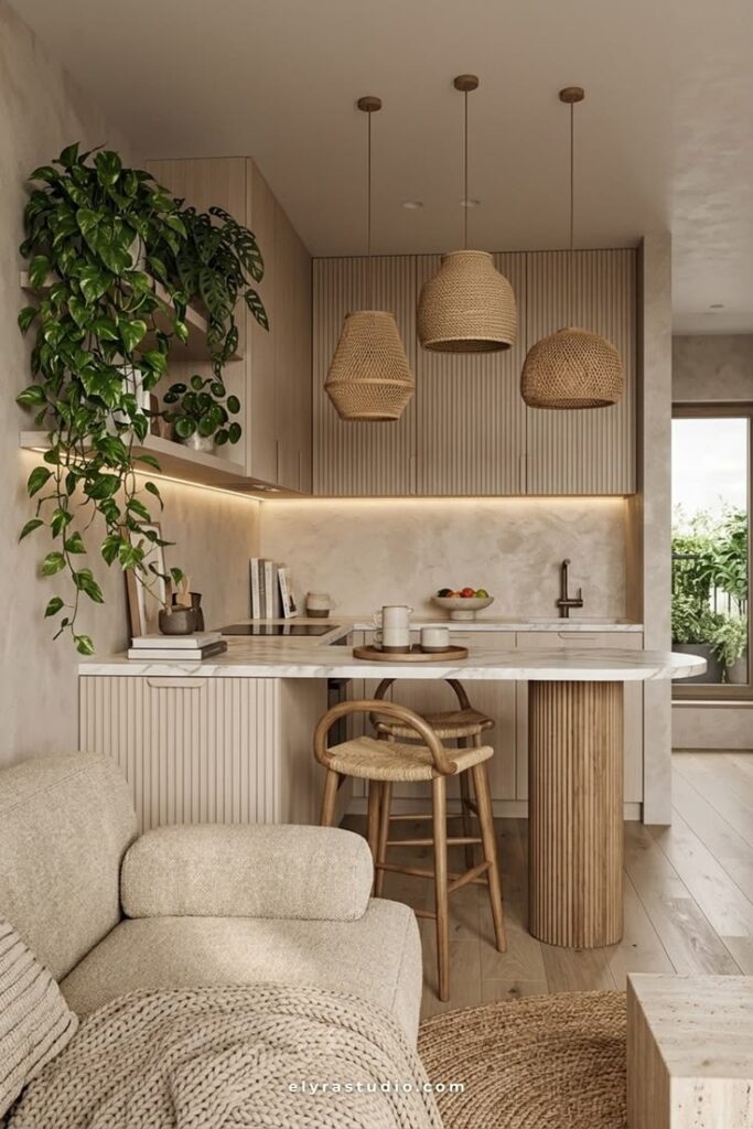 Small kitchen with tall cabinets, vertical storage, long curtains, and design elements that make the room feel taller.