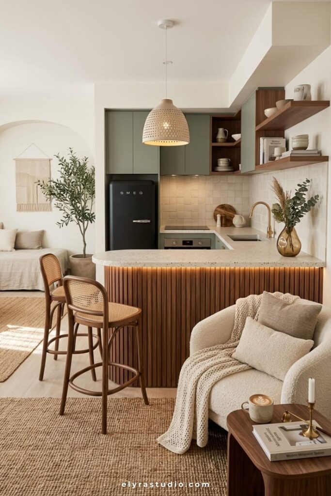 Open-plan apartment kitchen with seamless wood flooring, matching finishes, and bright cohesive interior design.