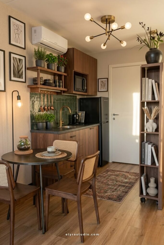 Elegant small kitchen with warm wood cabinetry, layered lighting, modern layout, and luxurious tiny apartment design.