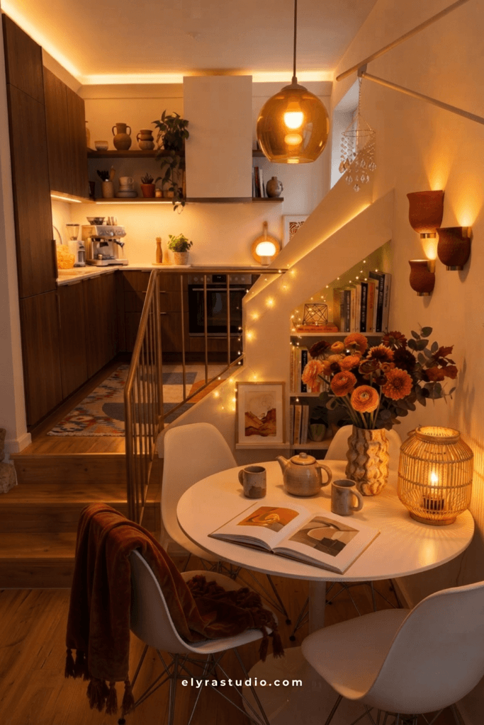 Cozy small kitchen with warm wood cabinets, soft pendant lighting, breakfast bar, and open shelving in a tiny apartment.