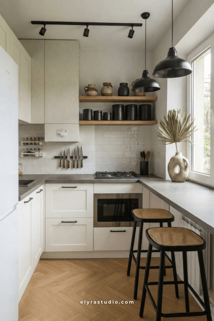 Small apartment kitchen with white cabinets, natural wood countertops, floating shelves, and bright modern Scandinavian styling.