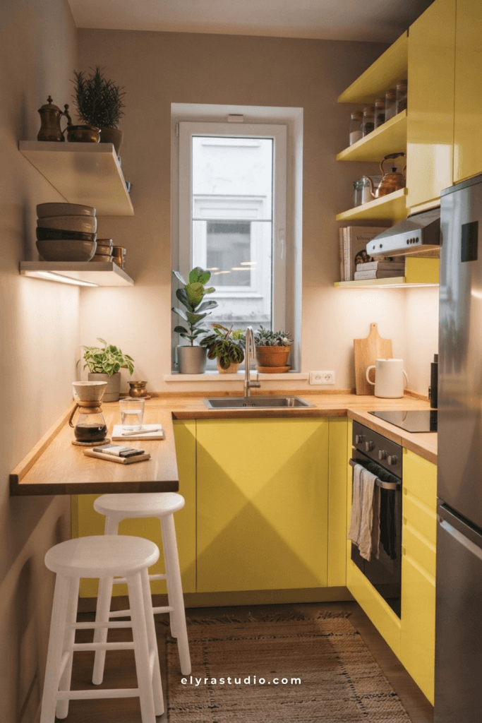 Small kitchen with bold yellow cabinets, warm wood accents, open layout, and cheerful modern apartment decor.