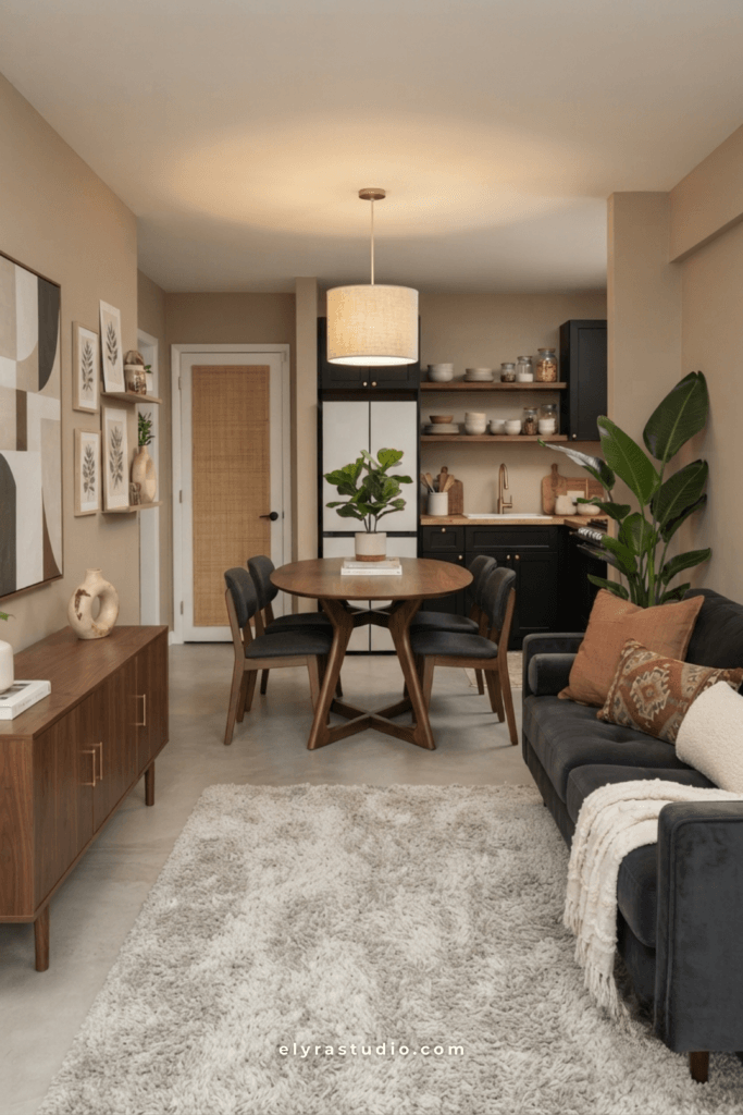 Cozy small apartment kitchen with round dining table, wood cabinets, warm lighting, and open concept layout.