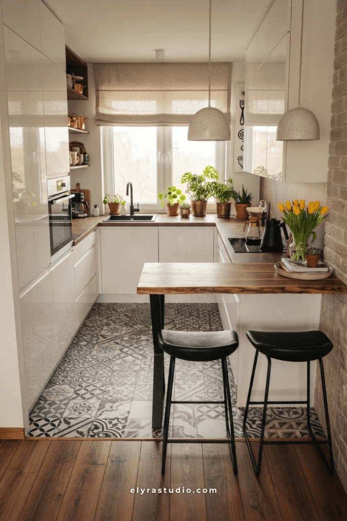 Small kitchen filled with indoor plants, wood shelving, modern cabinets, and warm natural light creating a cozy atmosphere.