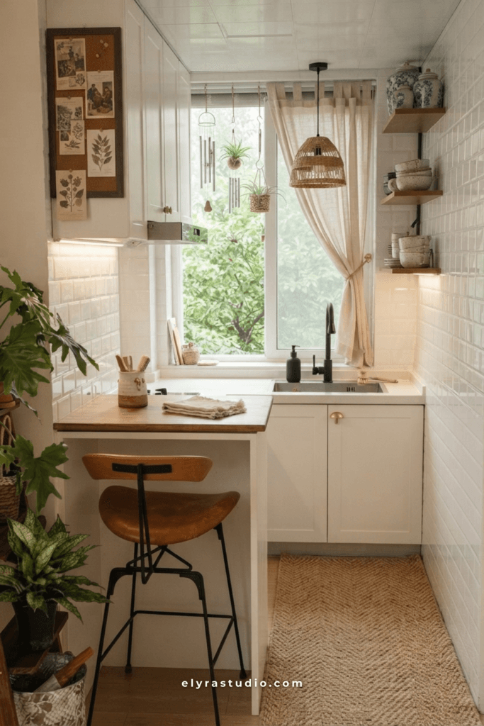 Tiny apartment kitchen with breakfast bar, wood countertops, minimalist decor, and space-saving seating ideas.
