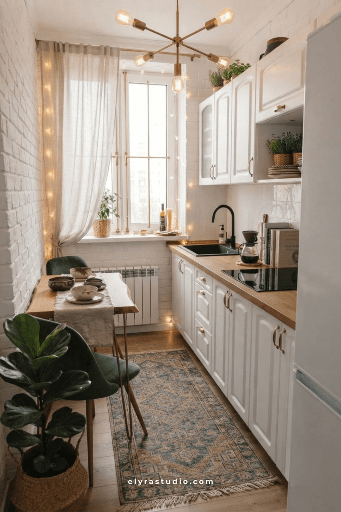 Small kitchen with floating shelves, neutral color palette, wood accents, and stylish open storage ideas.