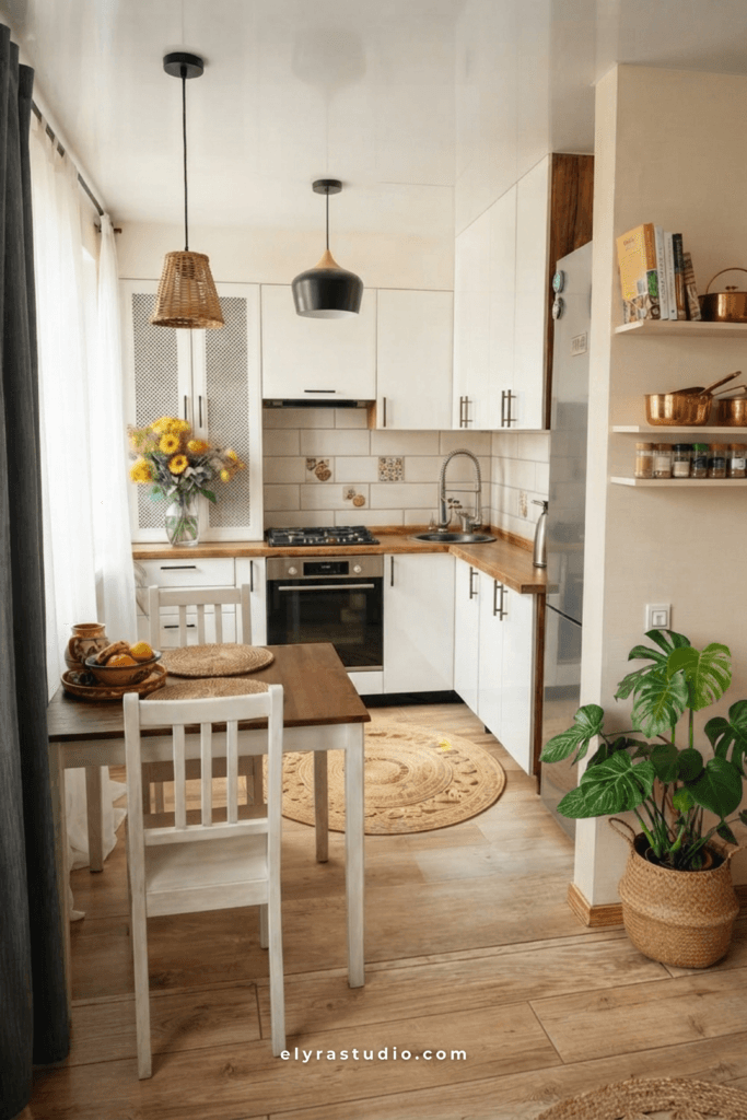 Small apartment kitchen with peninsula, bar seating, wood cabinetry, and modern open-plan layout.