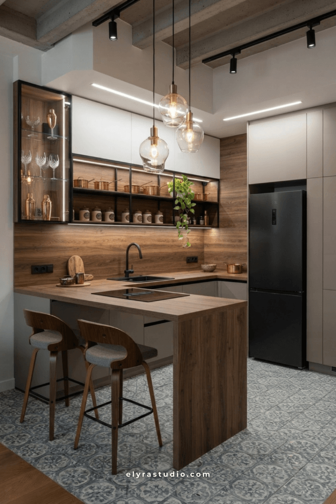 Open concept small kitchen flowing into the living room with warm wood finishes, soft lighting, and minimalist decor.