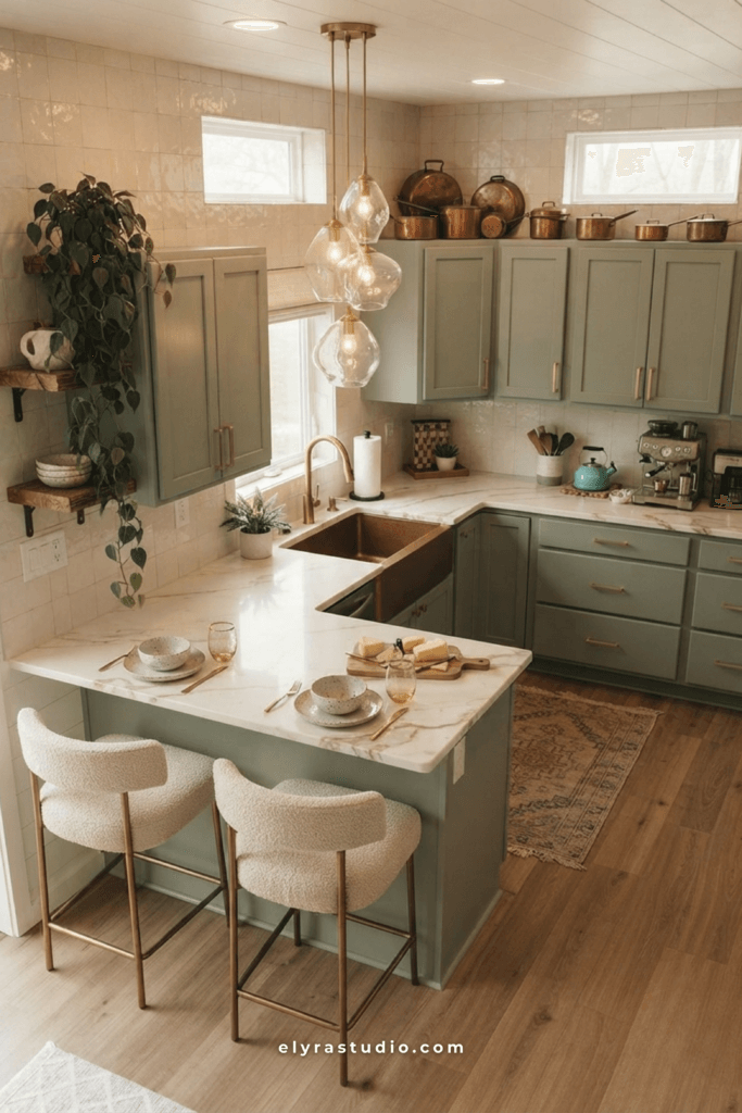 Small kitchen with tall cabinets, vertical storage, floating shelves, and clever space-saving organization ideas.
