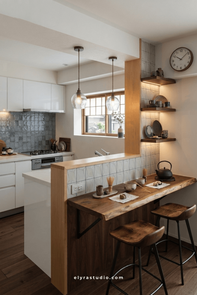 Modern small kitchen featuring natural wood cabinetry, warm lighting, clean countertops, and Scandinavian-inspired design.