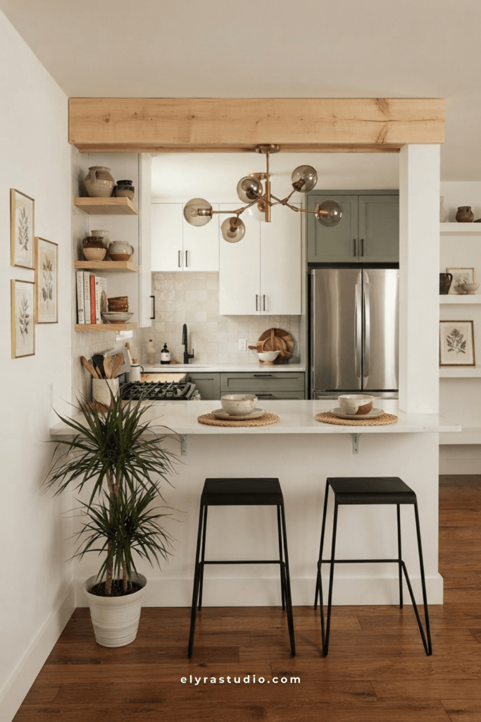 Small kitchen with black pendant lights, wood cabinets, white countertops, and elegant modern apartment style.