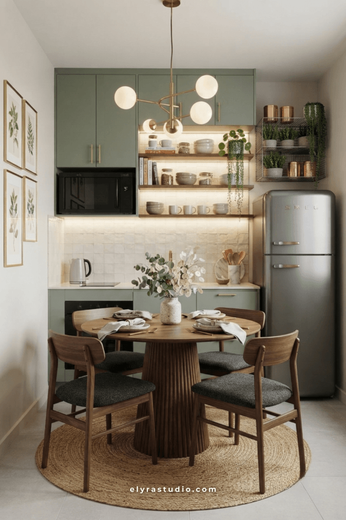 Minimalist small kitchen with clutter-free countertops, warm wood details, and clean organized design.