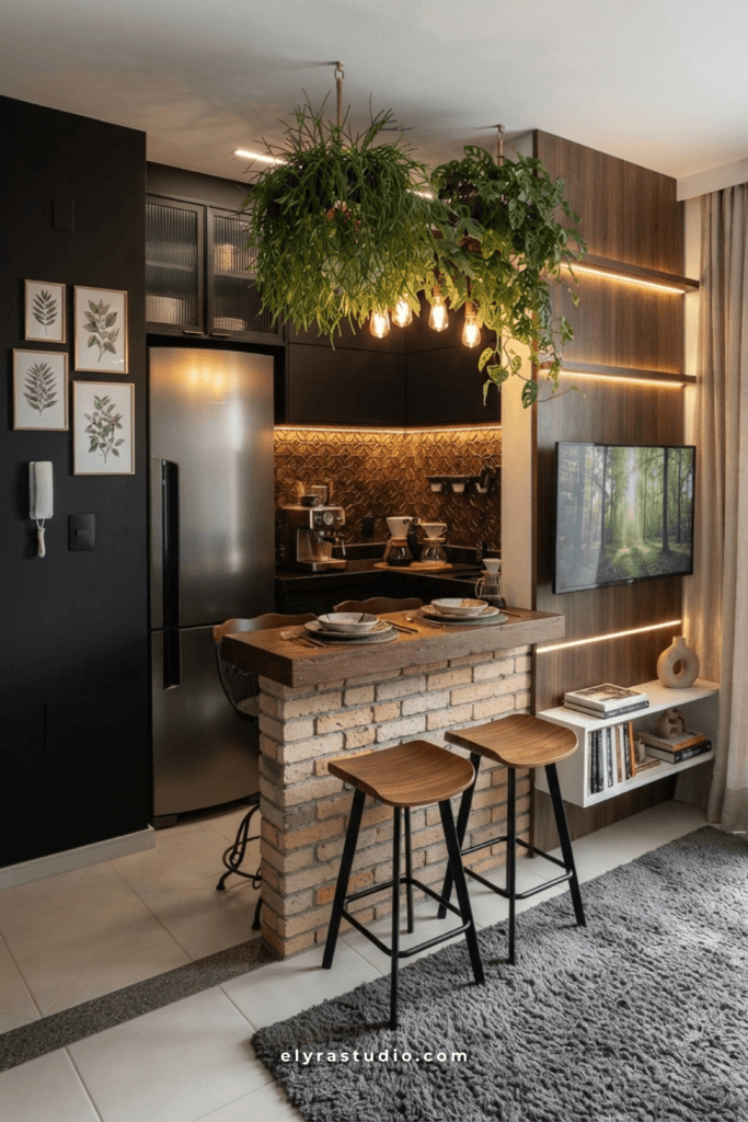 Compact kitchen island with storage, wood finishes, modern seating, and functional small apartment layout.