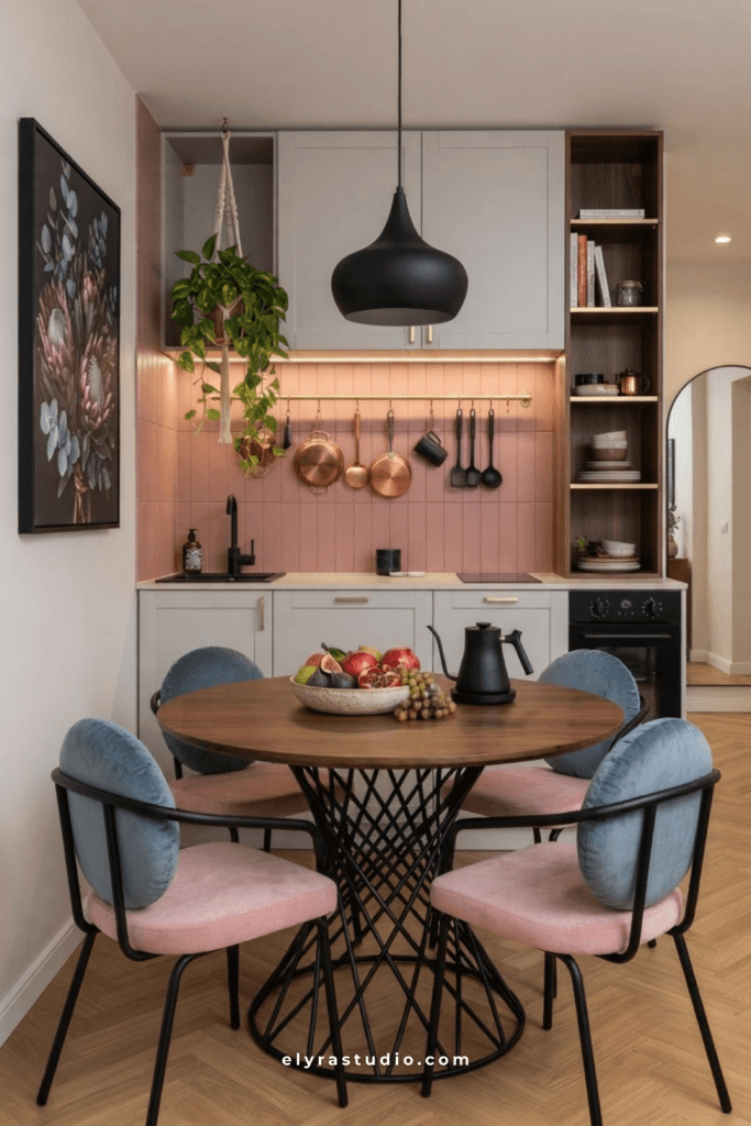 Efficient small kitchen layout with organized storage, modern cabinetry, warm lighting, and space-saving design.