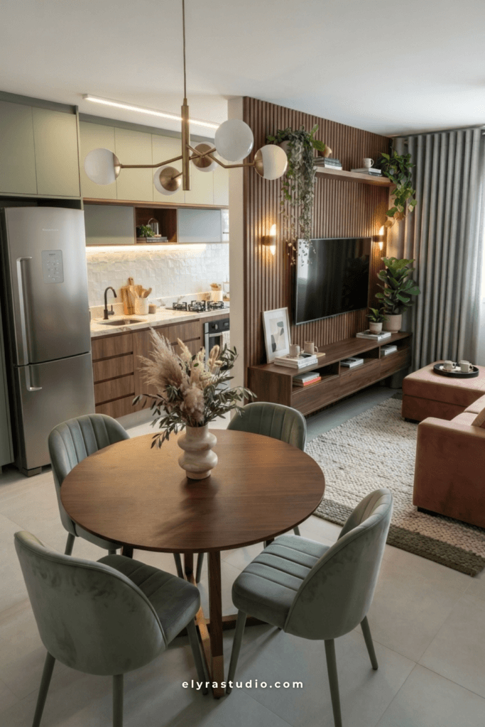 Small kitchen featuring a statement pendant light, wood cabinets, soft neutral colors, and cozy apartment decor.