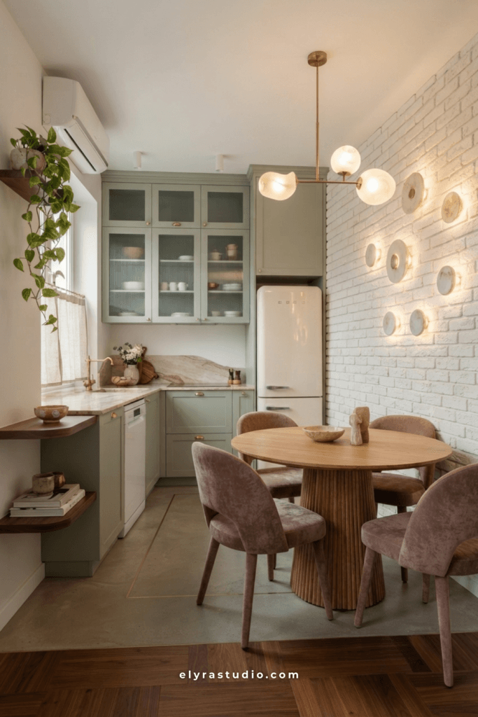 Modern cozy kitchen with sleek cabinets, natural wood, indoor plants, and warm layered lighting.